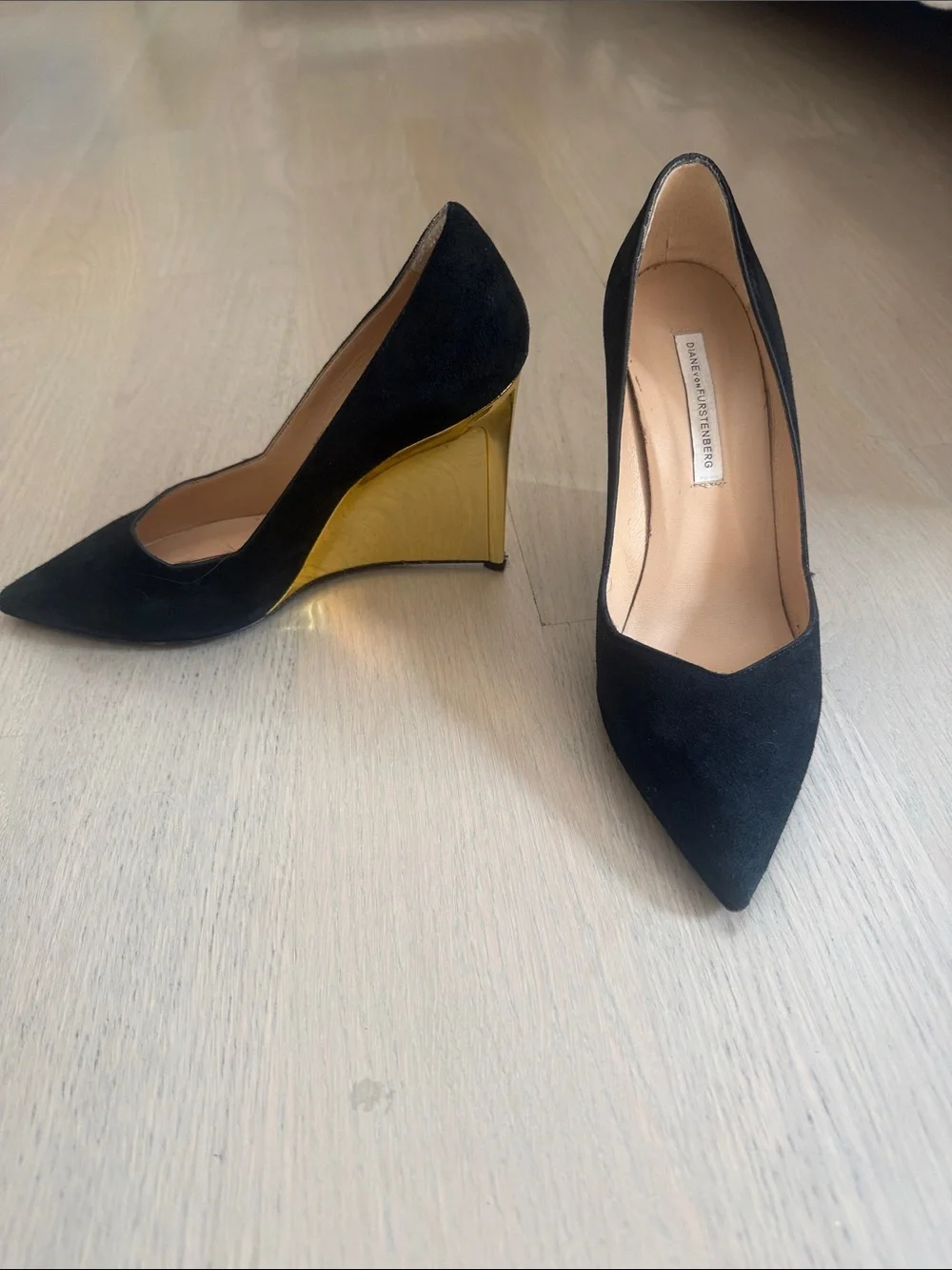 Diane Von Furstenberg Black Suede Wedges with Gold Wedge Heel